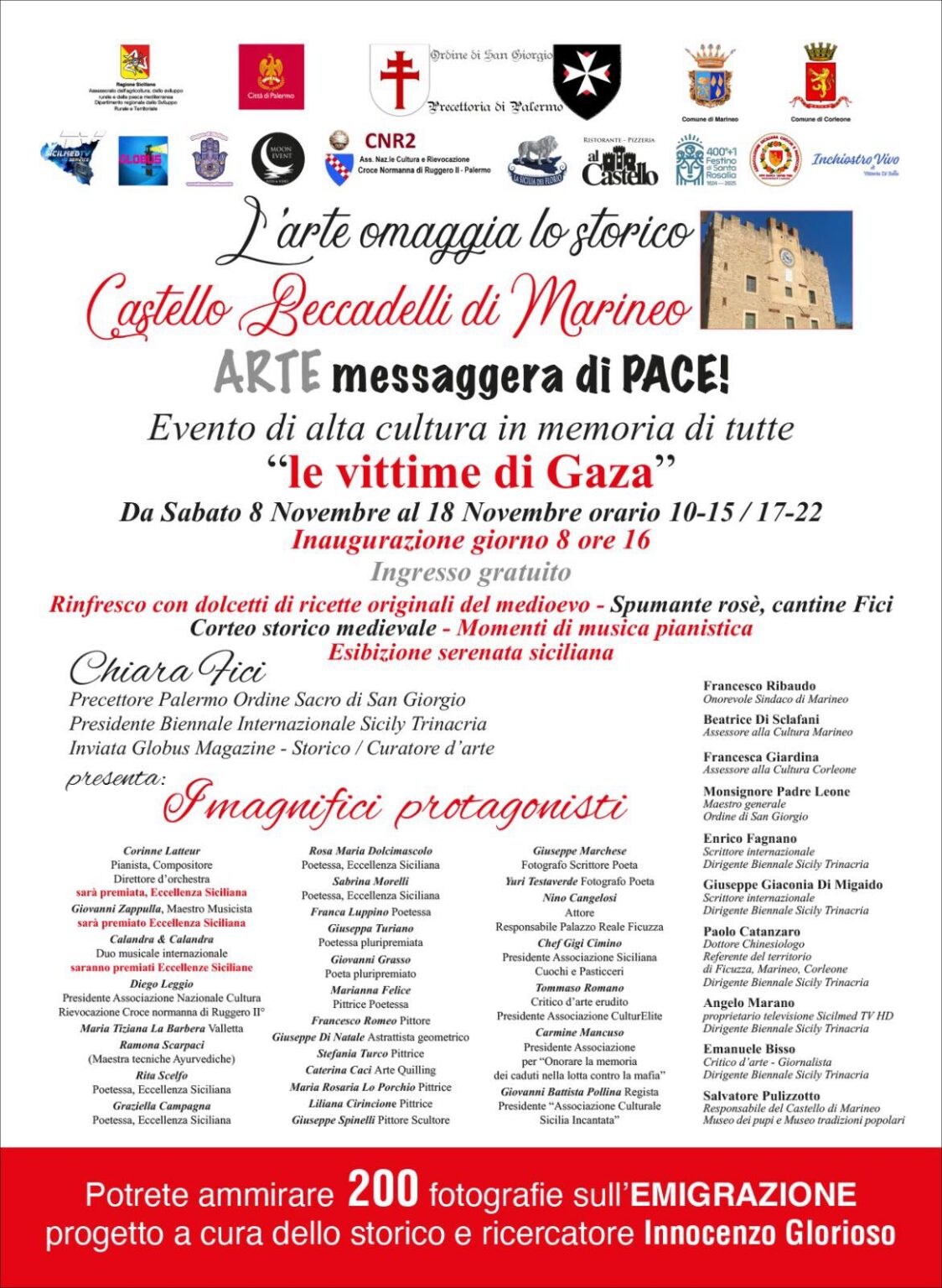 L’8 novembre sarà inaugurata la mostra ‘Arte: messaggera di Pace!’, dedicata alla memoria di tutte “le vittime di Gaza” al Castello Beccadelli di Marineo